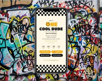 One Cool Dude 1st Birthday Invitation | Retro Interactive Digital Invite (Instant Download)