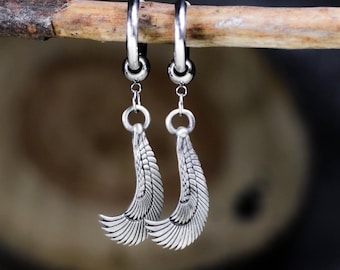Feather Wing Hoop Earrings - Handmade Silver Gothic Angel Dangle Jewelry, Unique Boho Statement