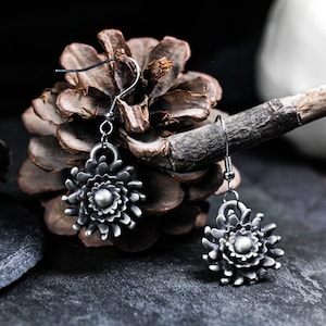 Silver Flower Earrings - Gothic Floral Handmade Jewelry - Unique Dark Aesthetic Gift for Women and Men