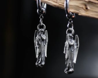 Handmade Silver Angel Statue Earrings: Gothic Guardian Jewelry