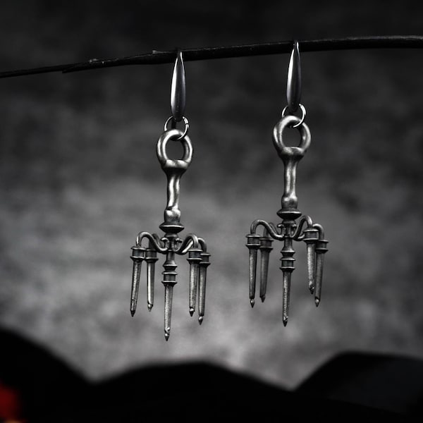 Silver Gothic Chandelier Earrings: Spiked Candlelight Design, Handmade