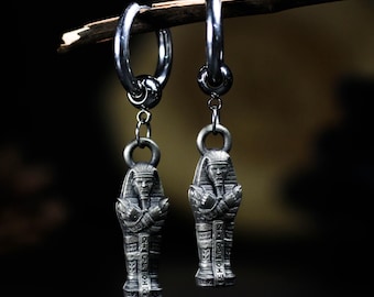 Silver Egyptian Sarcophagus Earrings - Handmade Gothic Pharaoh Jewelry, Ancient Egypt Inspired Accessory
