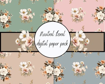 Watercolor neutral floral printable paper, Flower pattern, Shabby Chic Instant Digital Download, Floral Scrapbook Junk Journal Paper,