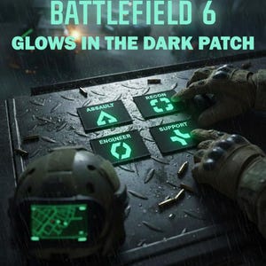 Op de afbeelding: Afbeelding toont een Battlefield 6 Glows in the Dark patch set. De patches zijn zwart met gloeiende groene symbolen en tekst voor Assault, Recon, Engineer en Support. Een militaire helm met een groen display is ook zichtbaar.