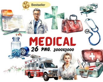 Watercolor Medical Clipart | Health, Doctor, Nurse, Ambulance, Hospital, Medicine Illustrations| Instant Download for Commercial Use
