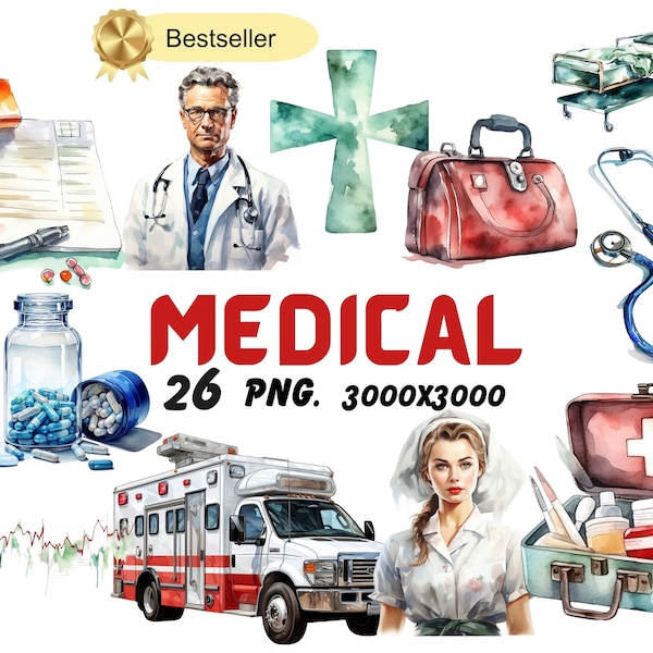 Watercolor Medical Clipart | Health, Doctor, Nurse, Ambulance, Hospital, Medicine Illustrations| Instant Download for Commercial Use