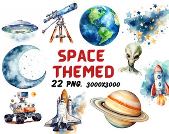 Watercolor Space Themed 22 Clipart, Galaxy Planets Clipart, Astronaut Illustrations, Transparent PNG Graphics, Commercial Use