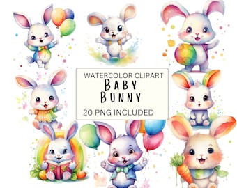 20 Watercolor Rainbow Bunny Clip Art, Colorful Bunny Clipart, , Bunny Illustration, Cute Rainbow Bunny, Card Making, Animal Clipart
