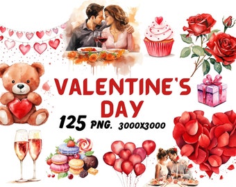 St. Valentine's Day Watercolor Clipart Bundle - 125 PNG Romantic Hearts Images, Love Day Graphics, Instant Digital Download, Commercial Use