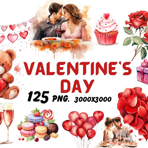 St. Valentine's Day Watercolor Clipart Bundle - 125 PNG Romantic Hearts Images, Love Day Graphics, Instant Digital Download, Commercial Use