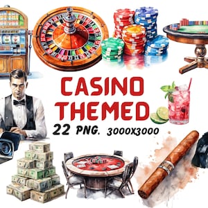 Watercolor Casino Themed Clipart, Las Vegas Clipart, Casino Illustrations, Transparent PNG Graphics, Commercial Use