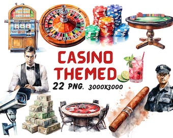 Watercolor Casino Themed Clipart, Las Vegas Clipart, Casino Illustrations, Transparent PNG Graphics, Commercial Use