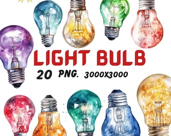 Watercolor Light Bulb Clipart | Colorful Light Bulb Illustrations, Colorful String Lights, PNG Graphics, Instant Download for Commercial Use