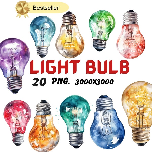 Watercolor Light Bulb Clipart | Colorful Light Bulb Illustrations, Colorful String Lights, PNG Graphics, Instant Download for Commercial Use