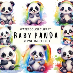 8 clipart de panda arco-íris em aquarela, clipart de panda colorido, ilustração de panda, panda arco-íris fofo, criação de cartões, clipart de animais