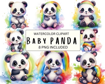 8 Watercolor Rainbow Panda Clip Art, Colorful Panda Clipart, , Panda Illustration, Cute Rainbow Panda, Card Making, Animal Clipart