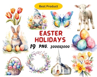 Watercolor Easter Holidays Clipart, Easter Eggs Clipart, Rabbit Illustrations, Transparent PNG Graphics, Commercial Use