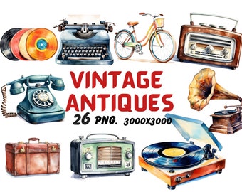 Watercolor Vintage Antiques 26 Clipart, Antique Telephone Clipart, Typewriter Illustrations, Transparent PNG Graphics, Commercial Use