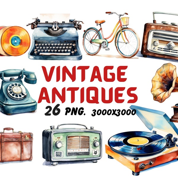 Watercolor Vintage Antiques 26 Clipart, Antique Telephone Clipart, Typewriter Illustrations, Transparent PNG Graphics, Commercial Use