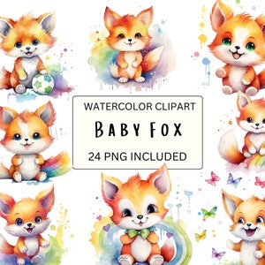 24 Watercolor Rainbow Fox Clip Art, Colorful Fox Clipart, , Fox Illustration, Cute Rainbow Fox, Card Making, Animal Clipart