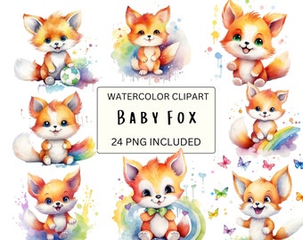 24 Watercolor Rainbow Fox Clip Art, Colorful Fox Clipart, , Fox Illustration, Cute Rainbow Fox, Card Making, Animal Clipart