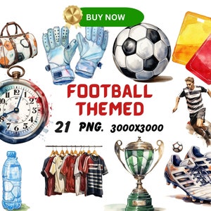 Watercolor Football Themed Clipart, Soccer Match Clipart, Football Illustrations, Transparent PNG Graphics, Commercial Use