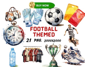 Watercolor Football Themed Clipart, Soccer Match Clipart, Football Illustrations, Transparent PNG Graphics, Commercial Use