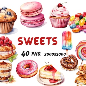 Watercolor Cute Sweets 40 Clipart, Chocolate Cookies, Sweet Macarons, Treats Candy and Glazed Donuts PNG Instant Download Commercial Use