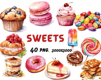 Watercolor Cute Sweets 40 Clipart, Chocolate Cookies, Sweet Macarons, Treats Candy and Glazed Donuts PNG Instant Download Commercial Use