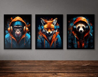 Set of 3 Animal gaming prints, gaming prints, gamer prints, gamer decor, graffiti wall art, teen room prints, son gift, gaming room decor