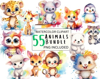 Watercolor 55 Safari Animals PNG Bundle - 55 Whimsical Baby Animal Clipart for Nursery Decor Baby Shower Birthday Sublimation commercial use