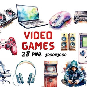 Video Game Clipart, 28 Gaming Clipart, Game Controller Clipart, Retro Gamer Graphics, Instant Download, Commercial Use, Junk Journal PNG