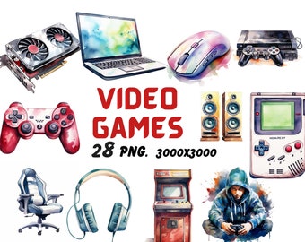 Video Game Clipart, 28 Gaming Clipart, Game Controller Clipart, Retro Gamer Graphics, Instant Download, Commercial Use, Junk Journal PNG