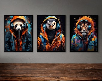 Lion Penguin Panda Gaming prints, gaming prints, gamer prints, gamer decor, graffiti wall art, teen room prints, son gift, gaming room decor