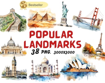 Watercolor Landmarks Illustrations, Popular Landmarks Clipart, Transparent PNG Graphics,Famous Monuments Clipart, Commercial Use