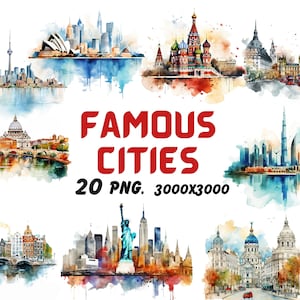 Watercolor Famous Cities Clipart, Popular Landmarks Clipart, City Illustrations, Transparent PNG Graphics, Commercial Use