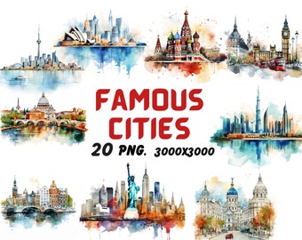 Watercolor Famous Cities Clipart, Popular Landmarks Clipart, City Illustrations, Transparent PNG Graphics, Commercial Use