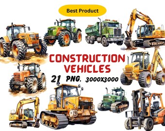 Watercolor Construction Vehicles Clipart | Excavator, Bulldozer, Cement Mixer, Tractor Illustrations | Instant Download for Commercial Use