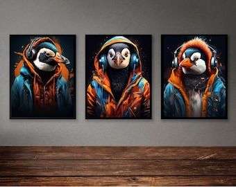 Set of 3 Penguin Gaming prints, gaming prints, gamer prints, gamer decor, graffiti wall art, teen room prints, son gift, gaming room decor