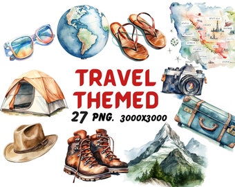 Watercolor Travel Themed Clipart, Summer Camper Clipart, Travel Illustrations, Transparent PNG Graphics, Commercial Use