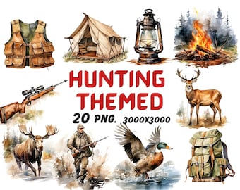 Watercolor Hunting Themed Clipart, Duck Hunting Clipart, Hunting Illustrations, Transparent PNG Graphics, Commercial Use