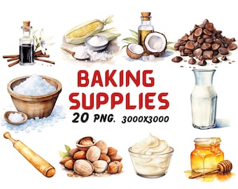 Watercolor Baking Supplies Clipart, Baking Ingredients Clipart, Supplies Illustrations, Transparent PNG Graphics, Commercial Use