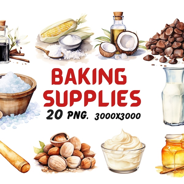 Watercolor Baking Supplies Clipart, Baking Ingredients Clipart, Supplies Illustrations, Transparent PNG Graphics, Commercial Use