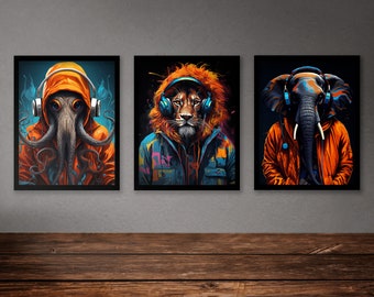 Set of 3 Animal gaming prints, gaming prints, gamer prints, gamer decor, graffiti wall art, teen room prints, son gift, gaming room decor