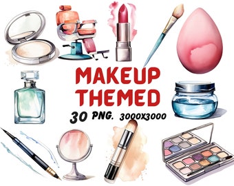 Watercolor Makeup Themed Clipart, Makeup Bag Clipart, Makeup Illustrations, Transparent PNG Graphics, Commercial Use