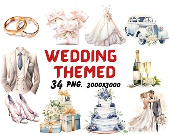Watercolor Wedding Themed Clipart, Wedding Timeline Clipart, Wedding Illustrations, Transparent PNG Graphics, Commercial Use