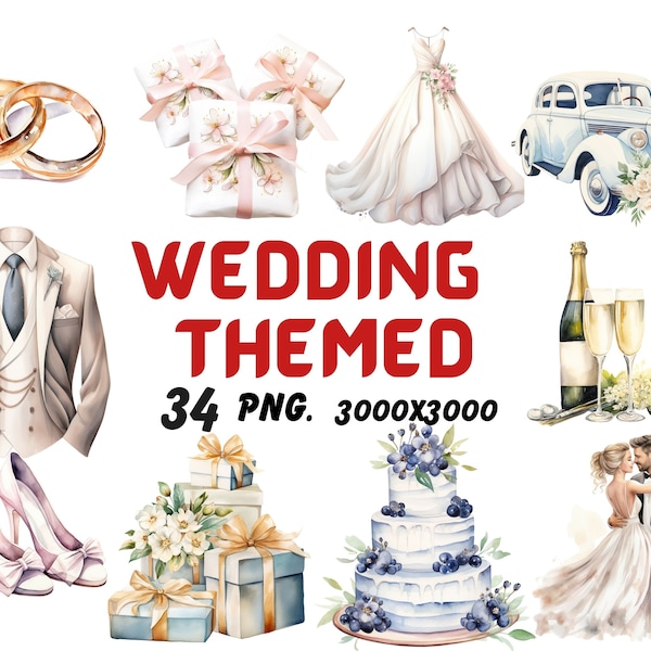 Watercolor Wedding Themed Clipart, Wedding Timeline Clipart, Wedding Illustrations, Transparent PNG Graphics, Commercial Use