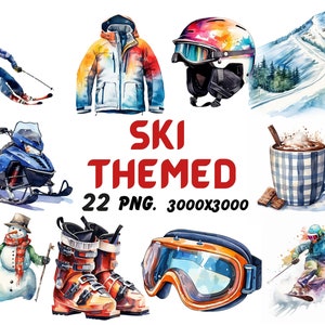 Aquarell Ski Themen Clipart, Wintersport Clipart, Ski Illustrationen, transparente PNG Grafiken, kommerzielle Nutzung, Snowboarding, Skating