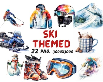 Watercolor Ski Themed Clipart, Winter Sports Clipart, Skiing Illustrations, Transparent PNG Graphics, Commercial Use, Snowboarding, Skating