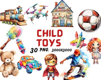 Watercolor Child Toys Clipart, Cute Toys Clipart, Toys Illustrations, Transparent PNG Graphics, Commercial Use
